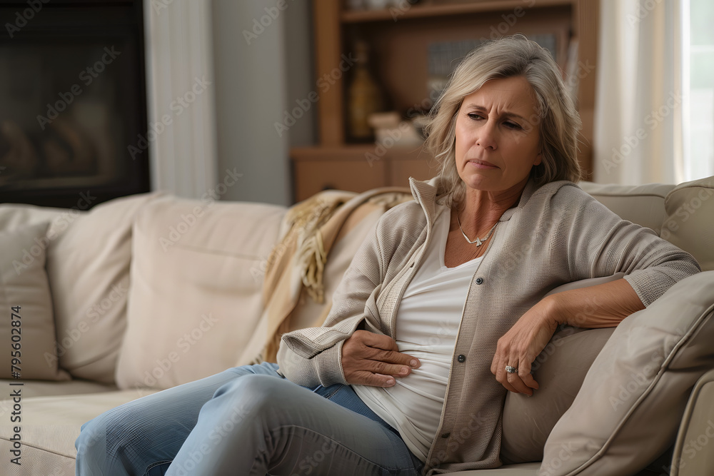 Obraz premium Menopause. Woman suffering from abdominal pain on sofa at home, space for text