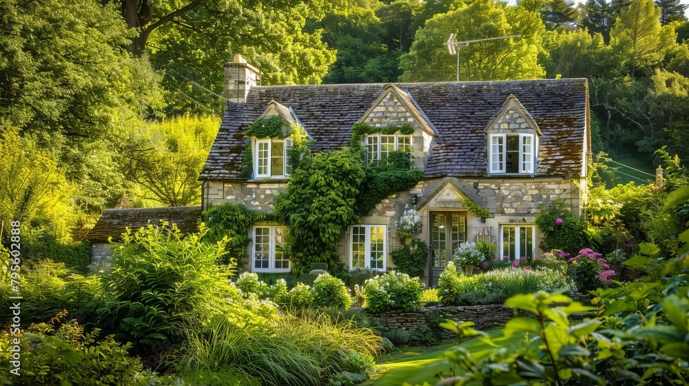idyllic countryside cottage surrounded by lush greenery and sunlit windows peaceful landscape