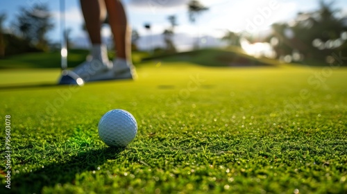 golf player, ball, outdoor golf field at sunny day