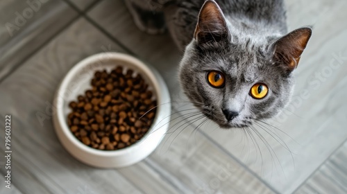 cat eating dry food from a bowl on the floor, animal health and nutrition