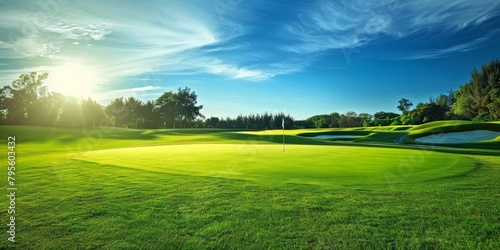 golf player, ball, outdoor golf field at sunny day
