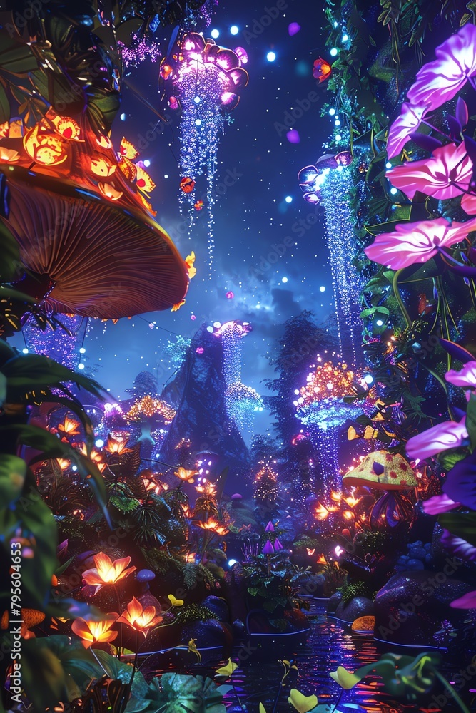 A mystical forest with glowing mushrooms and flowers. There is a river in the foreground and a starry night sky in the background. A mystical forest with glowing mushrooms and flowers. There is a river in the foreground and a starry night sky in the background.