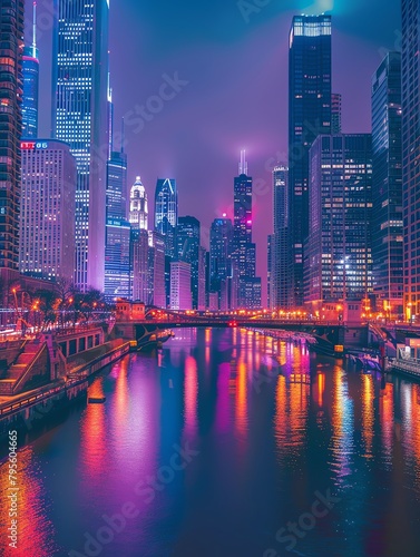 Cityscape of Chicago at night with a river in the center and colorful lights reflecting off the water