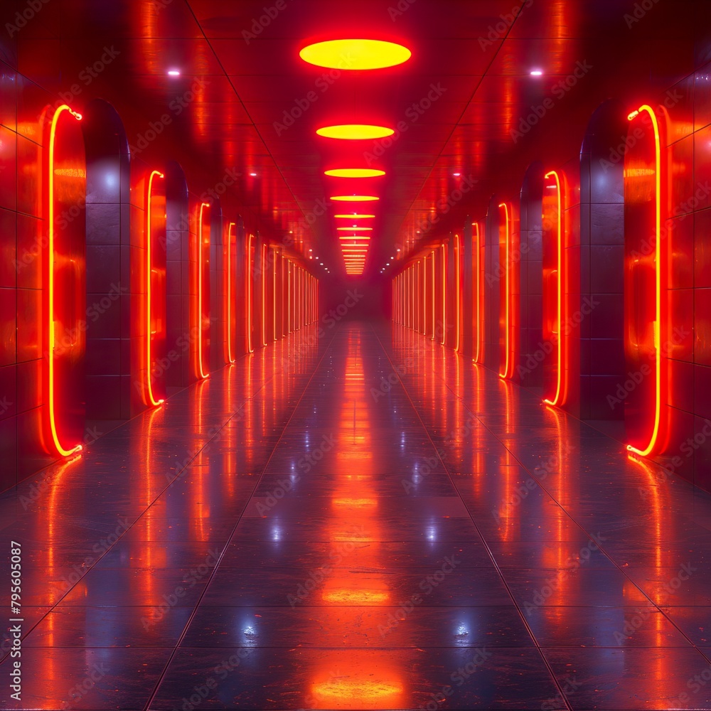 Empty cyber hall with glowing orange neon lights and dark, futuristic architecture copy space