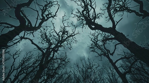 Stormy Halloween Night A Haunted Forest Backdrop of Twisted Bare Trees Under the Full Moon