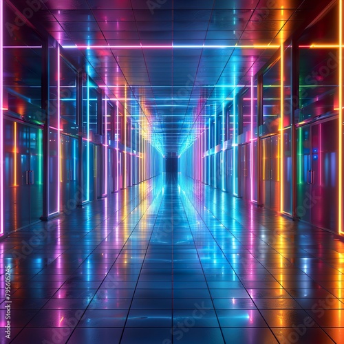 Empty geometric room with glowing neon lines and a dark, stylish atmosphere copy space