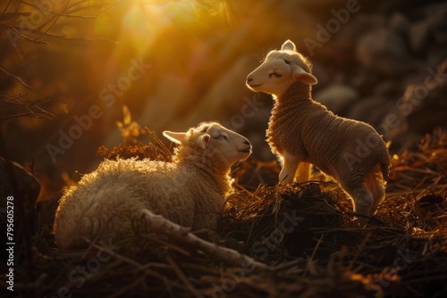 - Jesus Christ, good shepherd, Psalm 23, lamb, sheep, God, bible, scripture, Christian, Christianity. Beautiful simple AI generated image in 4K, unique.