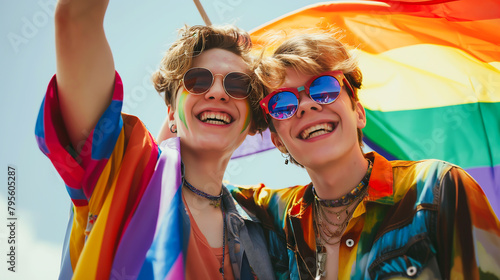 Two young man with lgtbq flags celebrating gay pride. Happy gay men smiling cheerfully while raising a rainbow flag at a gay pride parade. LGBTQ+, Pride month photo