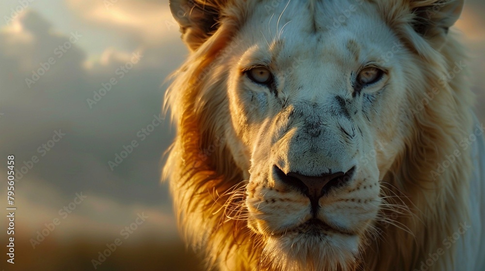 close up portrait of a white lion, The White Lion at Sunset. Generative AI