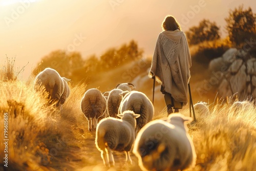 Depiction of Jesus Christ as Shepherd - Jesus Christ holding a Lamb - Blessing to Humanity - Imagination of Redemption and Faith. Beautiful simple AI generated image in 4K, unique.