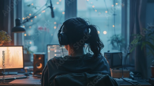 Young Woman Enjoying Music on Headphones in Cozy Home Studio at Night. Generative ai