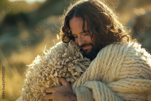 Depiction of Jesus Christ as Shepherd - Jesus Christ holding a Lamb - Blessing to Humanity - Imagination of Redemption and Faith. Beautiful simple AI generated image in 4K, unique. photo