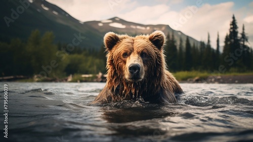 The Grizzly’s River Realm, the grizzly bear’s powerful presence in its natural habitat of water and mountains. Generative AI