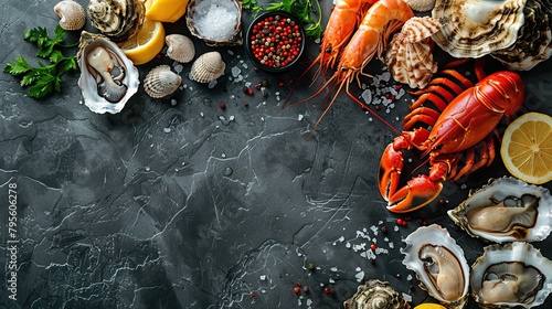 Beautiful seafood with vegetables and herbs on a dark stone background. Food advertising. Banner, menu. photo