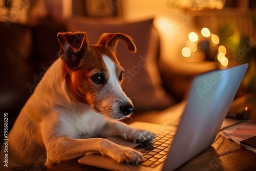 Jack Russell terrier dog working on laptop at home late at night. Concept Pets, Technology, Working from Home, Late Night, Jack Russell Terrier © Anastasiia