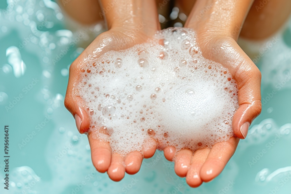Fototapeta premium Gentle Cleansing: Hands Submerged in Soapy Bliss
