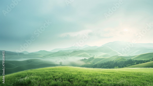 Calming nature landscape showcases rolling hills, lush greenery, and serene sky, perfect for advertising wellness retreats or eco-friendly services. photo