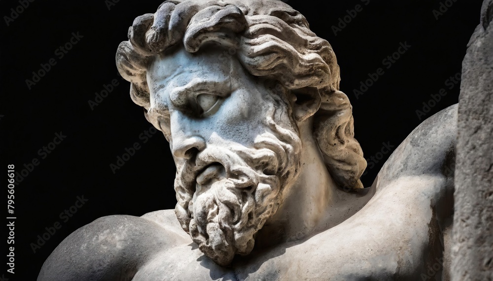 Fragment of an ancient stone statue of Hercules against black backgrouund as symbol of power and strength Fragment of an ancient stone statue of Hercules against black backgrouund as symbol of power and strength