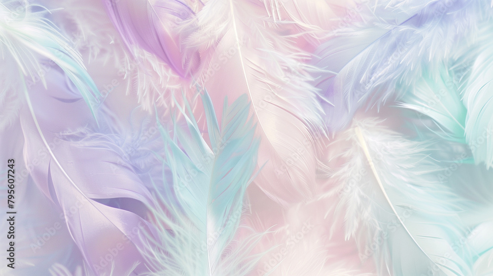 Obraz premium Whimsical feather backdrops showcase a collection of delicate pastel feathers, adding sophistication to decorative prints.
