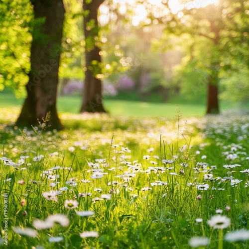 A serene spring landscape unfolds  adorned with vibrant meadow flowers and daisies nestled among the lush green grasses