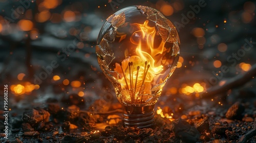 A captivating scene of matchsticks igniting within a shattered light bulb, visually representing the fragile yet fiery nature of new ideas