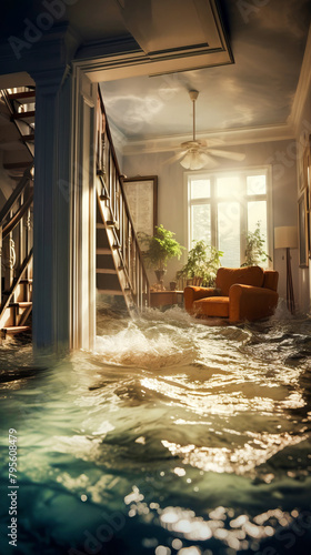 Flooded private house Interior. Climate change and natural disasters concept. photo