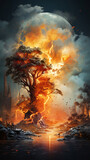 Big tree on fire. Global warming and climate change, global ecology concept.