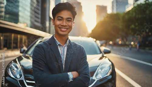 happy young male standing beside new car, expressing pride and satisfaction in his achievement of obtaining a driver license and new car, symbolizing freedom and independence  photo