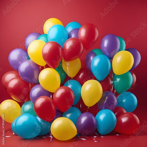 Bunch of colorful balloons on red background.