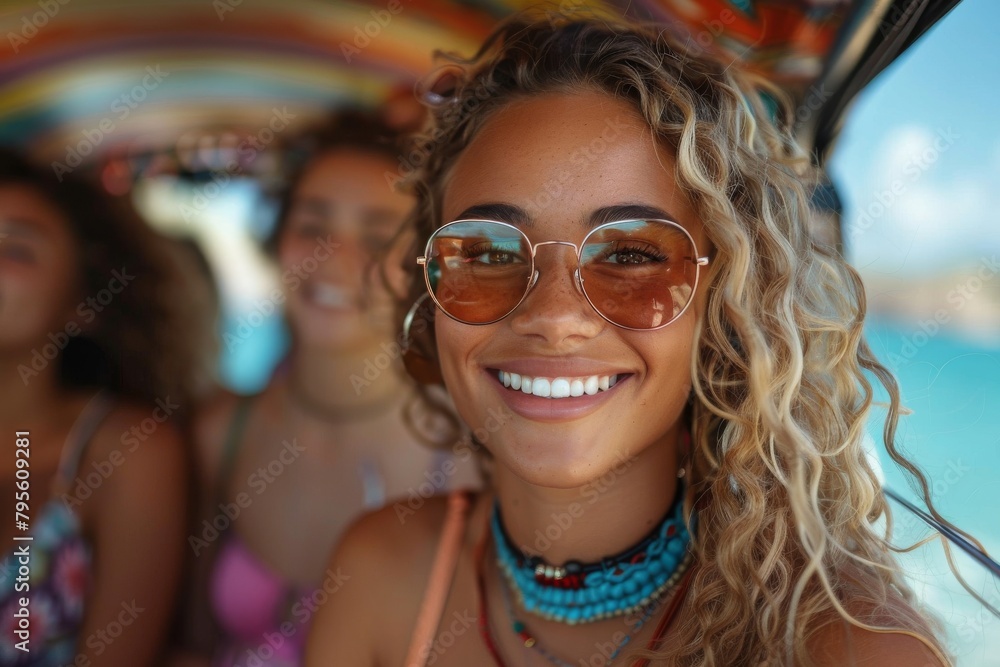 Close-up of a young woman’s smiling face, with stylish oversized sunglasses and freckles Close-up of a young woman’s smiling face, with stylish oversized sunglasses and freckles