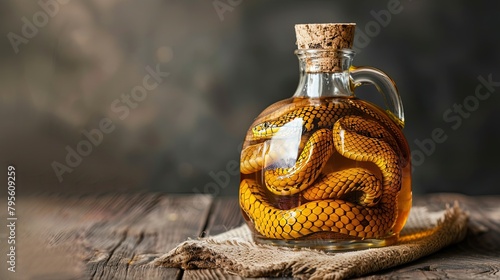 Exotic Snake Brandy in a Decorative Bottle on Wooden Table Generative AI