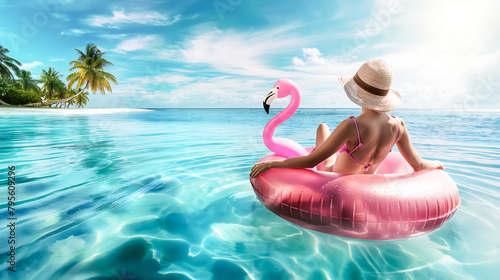 Rear view of a woman sunbathing relaxing on pink flamingo float. Beach vacation summer travel. Summer vibes tourist