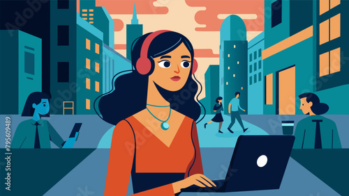 A woman in a busy city street appears to be talking to herself but in reality she is giving commands to her computer through a hidden ear piece..