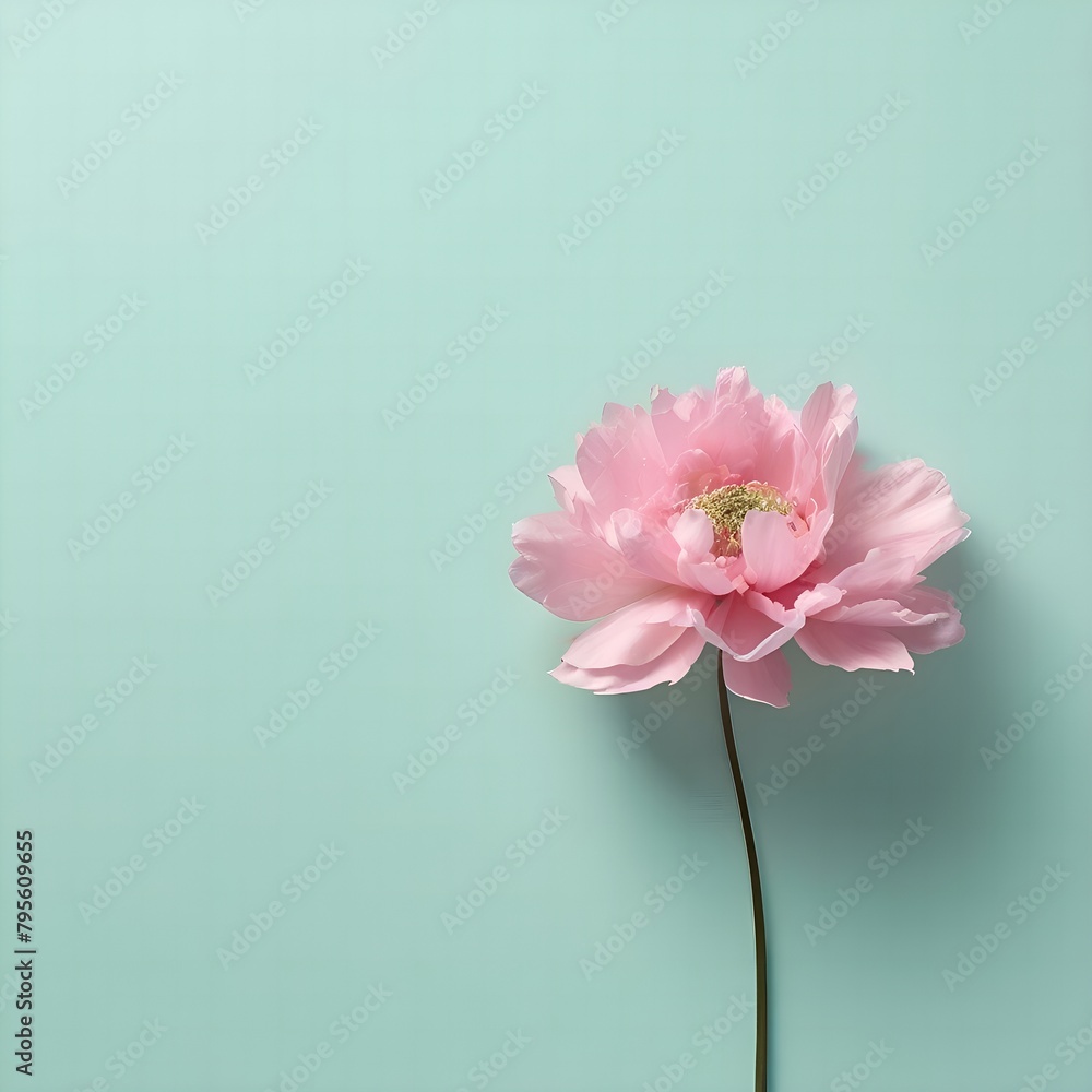 Pink beautiful flower on the side with an empty middle on a mint background Pink beautiful flower on the side with an empty middle on a mint background