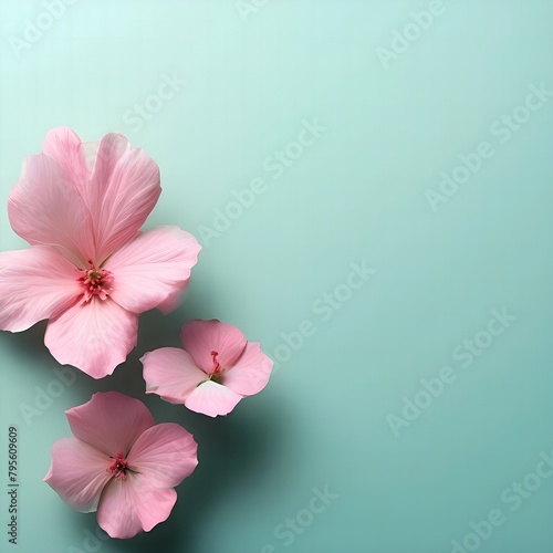 Pink beautiful flowers on the side with an empty middle on a mint background