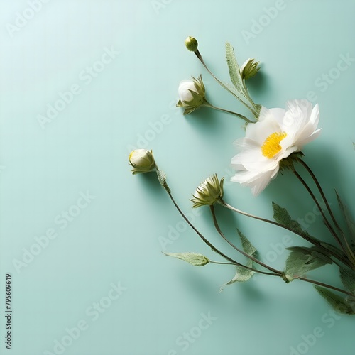 A beautiful white flower with a yellow center and many buds on an isolated mint-colored background