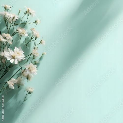 There are a lot of field daisies to the side from the middle of the mint-colored background, a lot of light and shadows