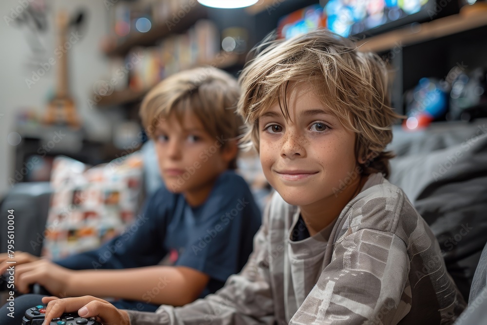 Two boys fully engaged in playing video games together with focus Two boys fully engaged in playing video games together with focus