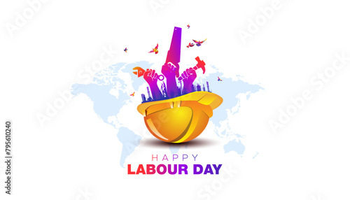 EPS illustration of 1st may, Labor Labour Day celebration background. Happy International Labor Day text with safety helmet workers.