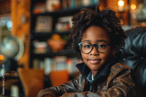 Confident young girl with afro hair wearing a leather jacket and glasses, in a library