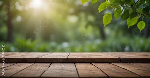 Natural wood background. Green Nature Background. Empty Wooden Table Spring Time Blossoms With Green Nature Background.
