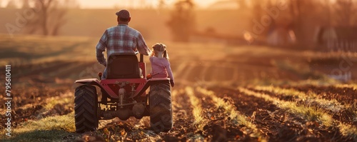 A back view of the farmer father riding tractor with him daughter.