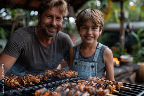 A father and his young son are smiling as they grill skewers  showcasing a family moment