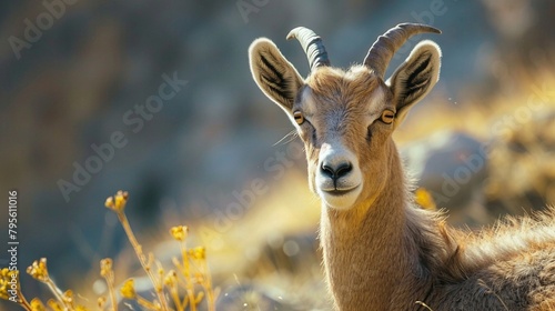  a mountain goat during the golden hour, A Majestic Mountain Goat Amidst Blooming Wildflowers. Generative AI