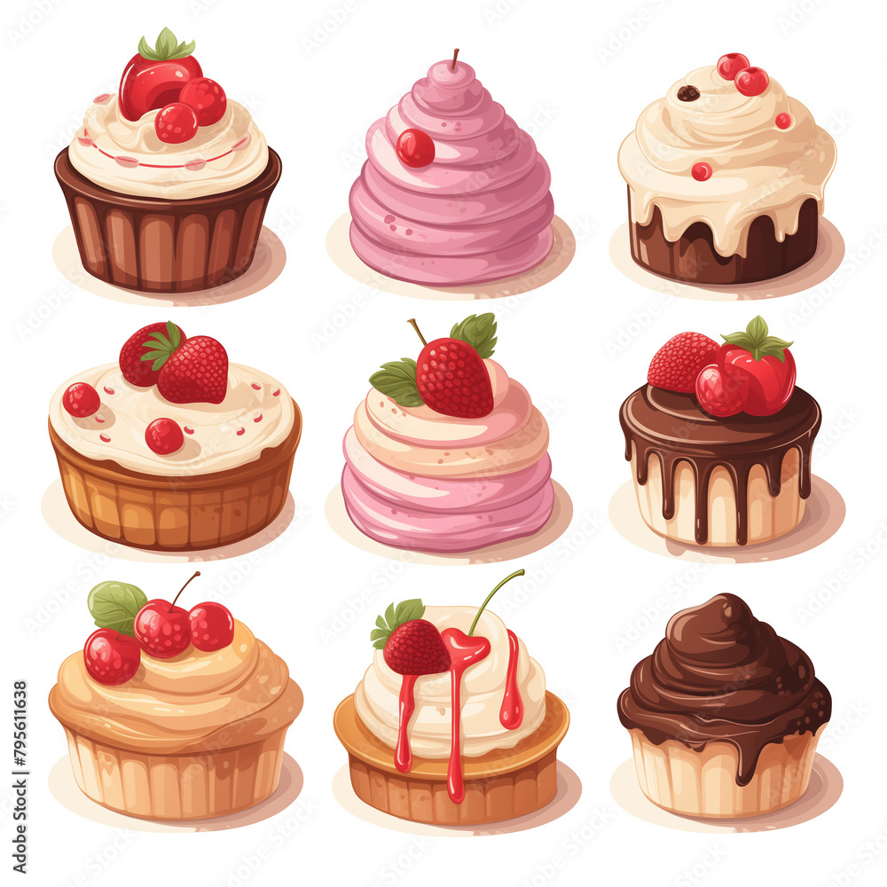 Picture set: cartoon cupcakes For use as an illustration Picture set: cartoon cupcakes For use as an illustration