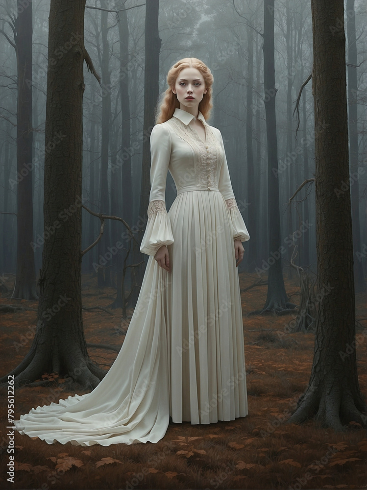 Fototapeta premium Woman in white dress standing in mystical foggy forest