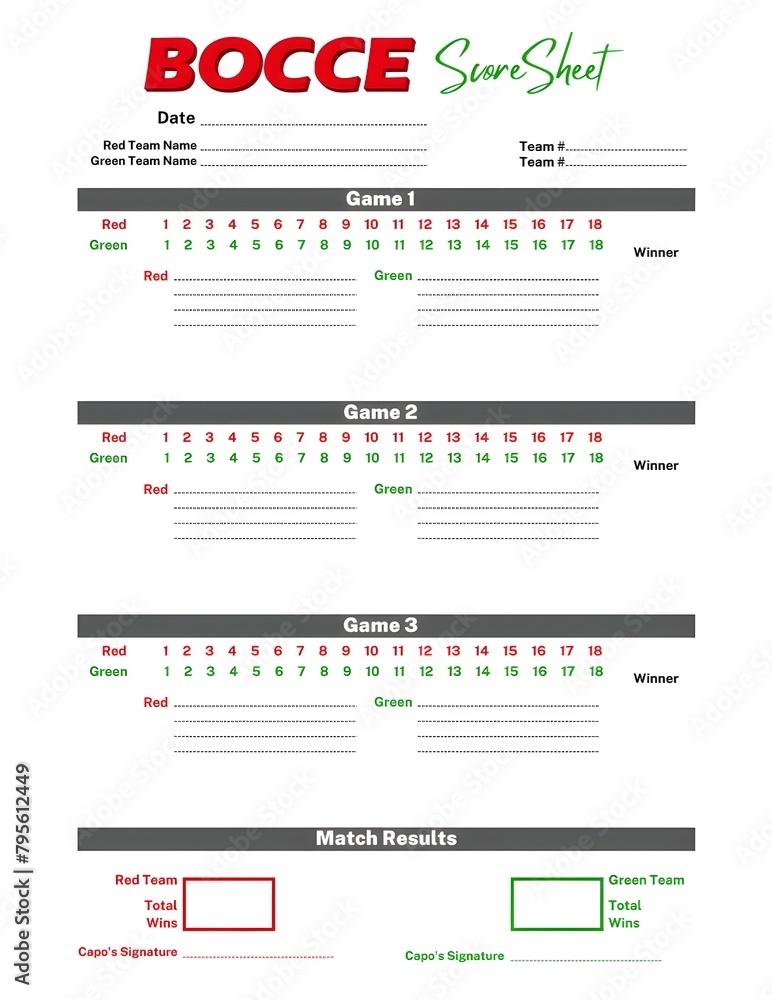 Bocce Score Sheet Petanque Game Record Score Keeper Card Stock Photo