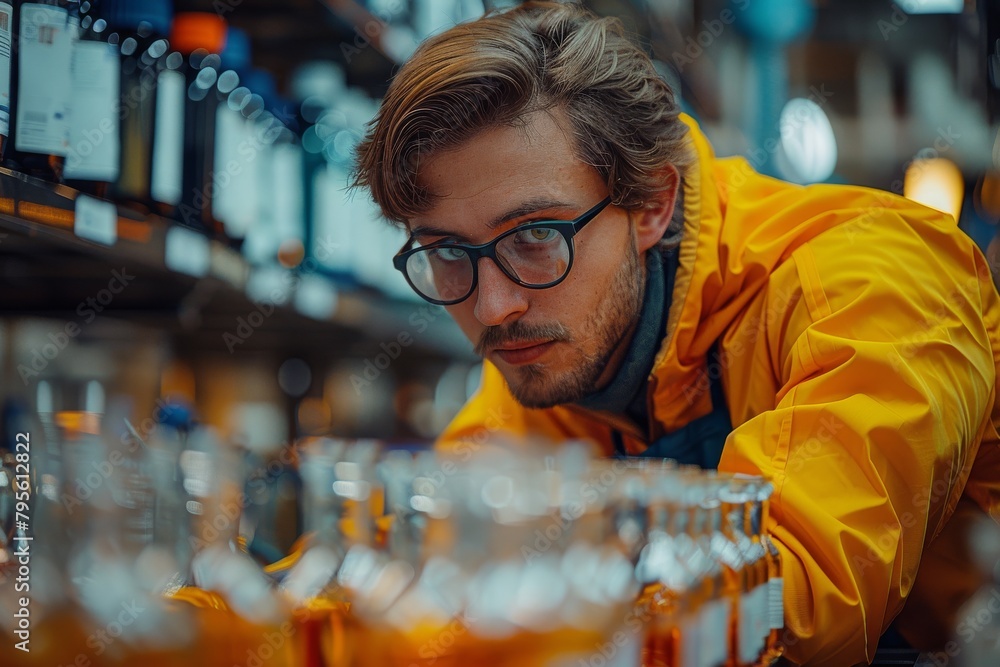A man in yellow protective gear meticulously examines bottles in a laboratory setting, showing focus and diligence A man in yellow protective gear meticulously examines bottles in a laboratory setting, showing focus and diligence