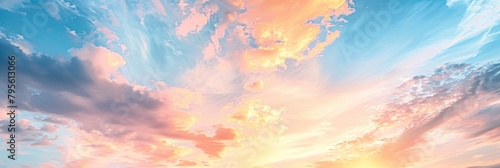 Majestic real sunrise or sundown sky background with gentle colorful clouds in a panoramic, large-scale format #795613066