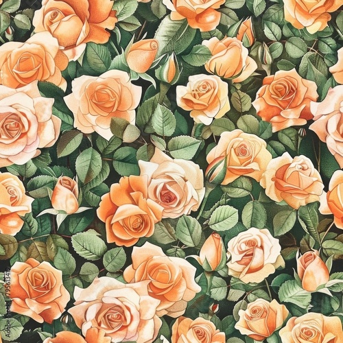 Vibrant Peach Roses Full Bloom Seamless Pattern Background